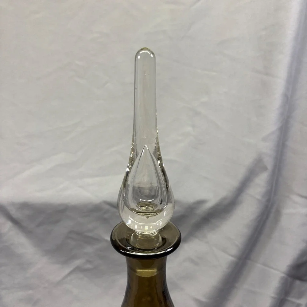 Vintage MCM Smoky Brown Glass Decanter with Clear Flame Stopper Teardrop‎ Bottle
